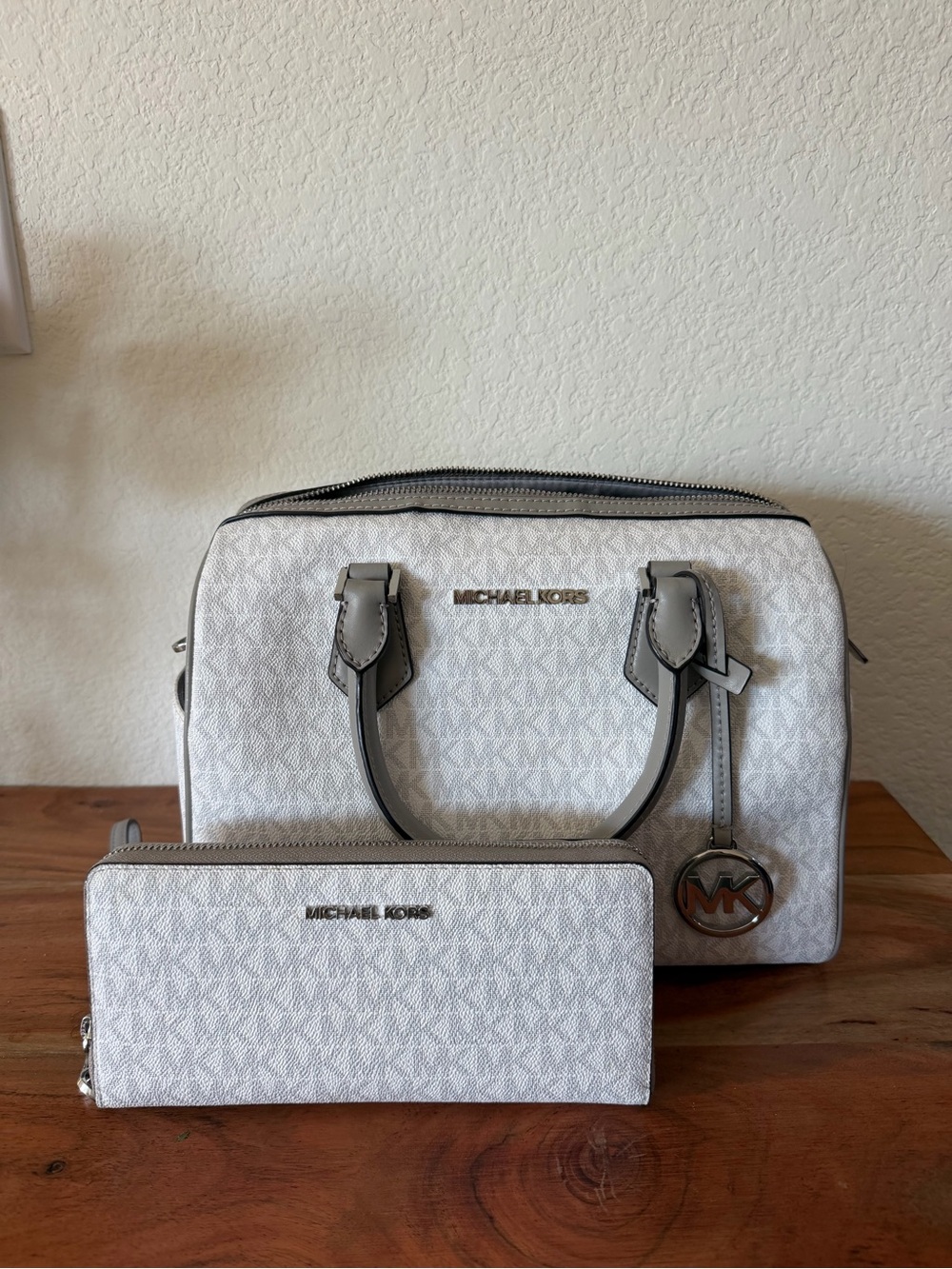 Michael Kors White and Silver Logo Satchel with Matching Wallet